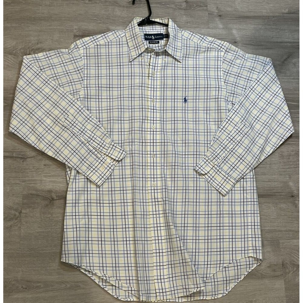 Ralph Lauren Shirt Mens 16 34-35 Classic Fit Button Down White Check Long Sleeve